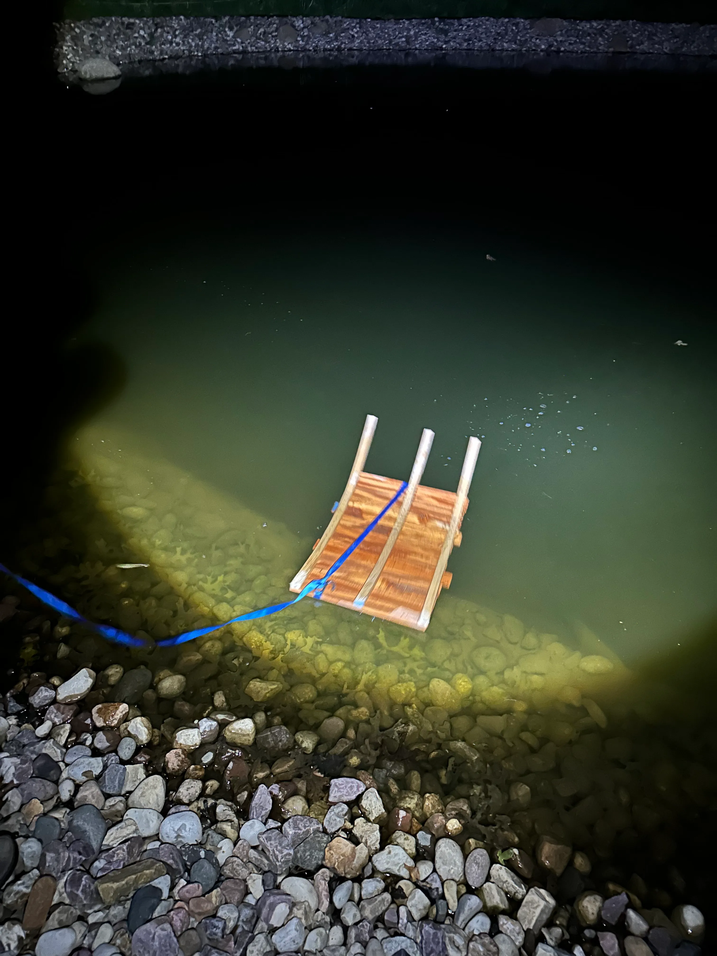 Swell test rig submerged in pond, weighted with a rock