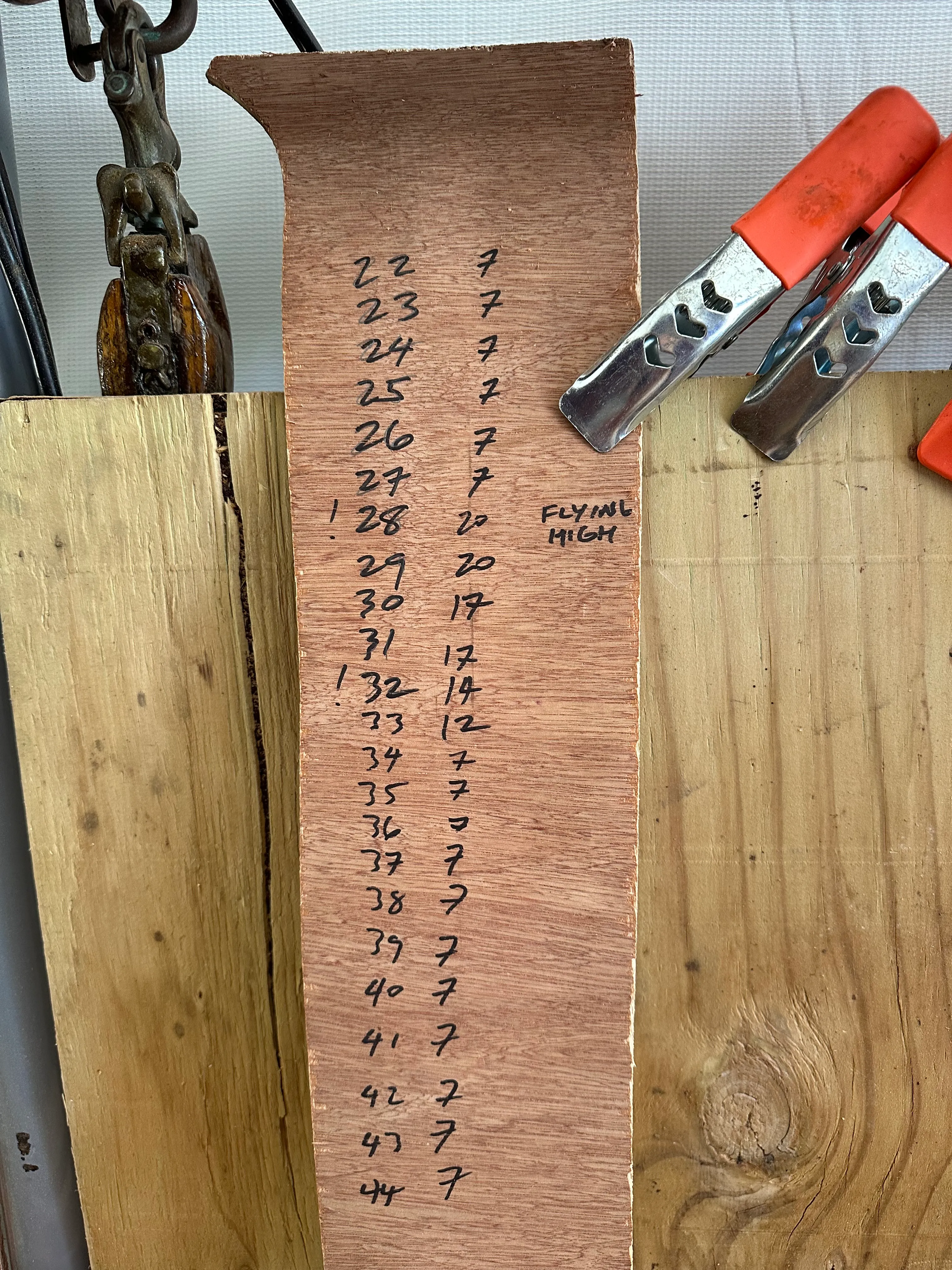 Scrap plywood with station-by-station bevel readings written in marker