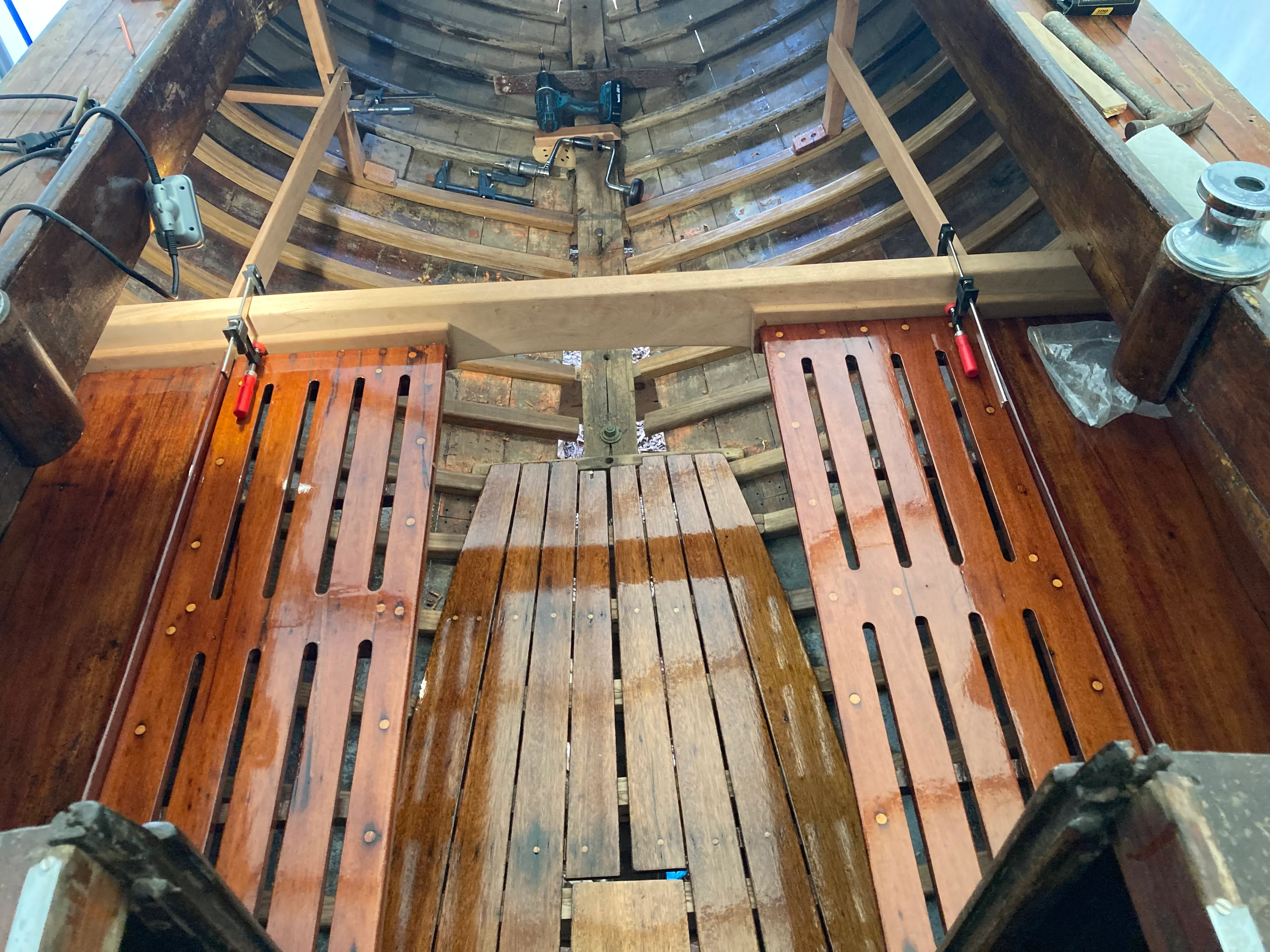 Cockpit from aft before varnish, showing seat support structure and thwart