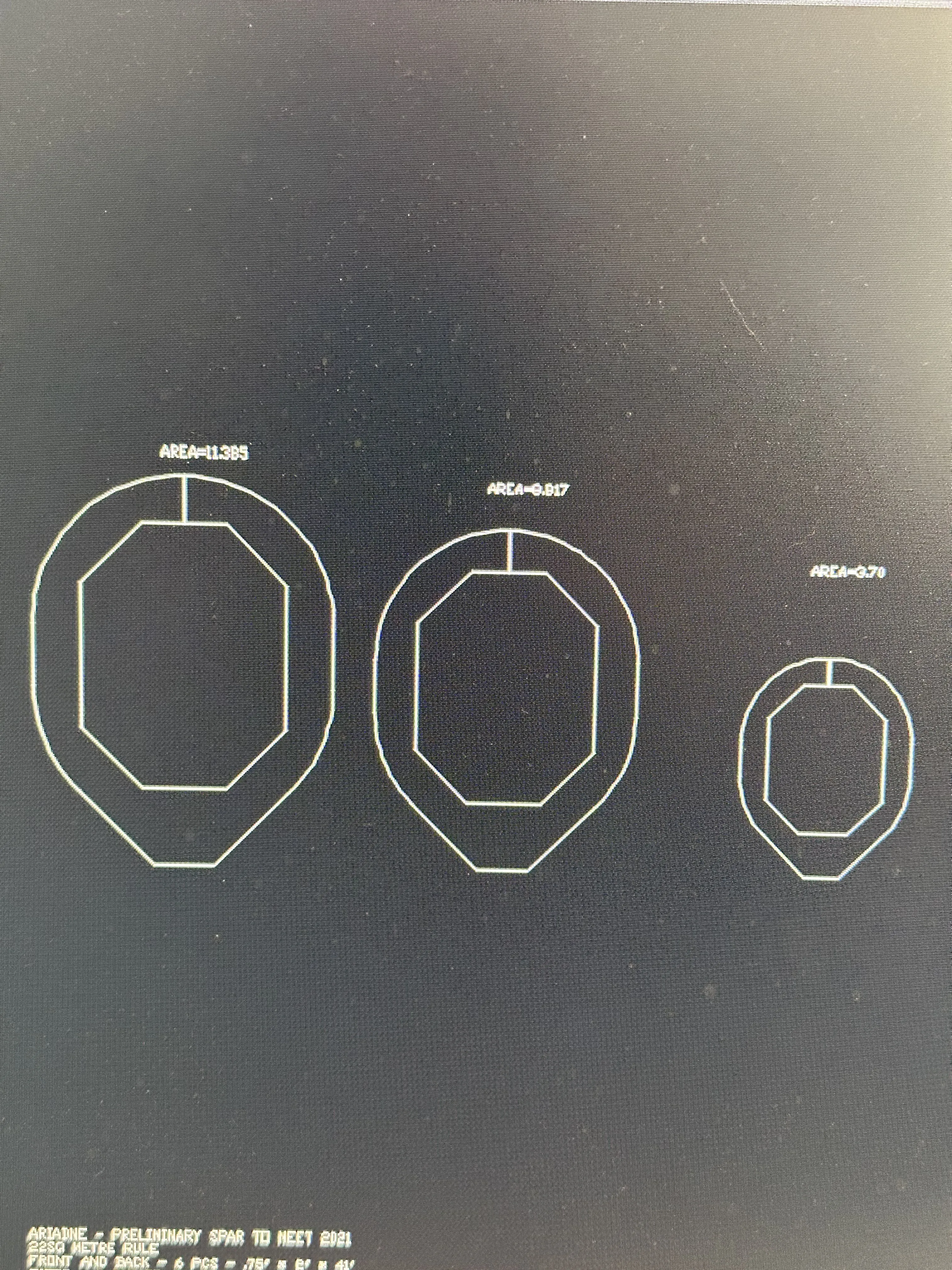 CAD drawing showing three mast cross-sections at different stations