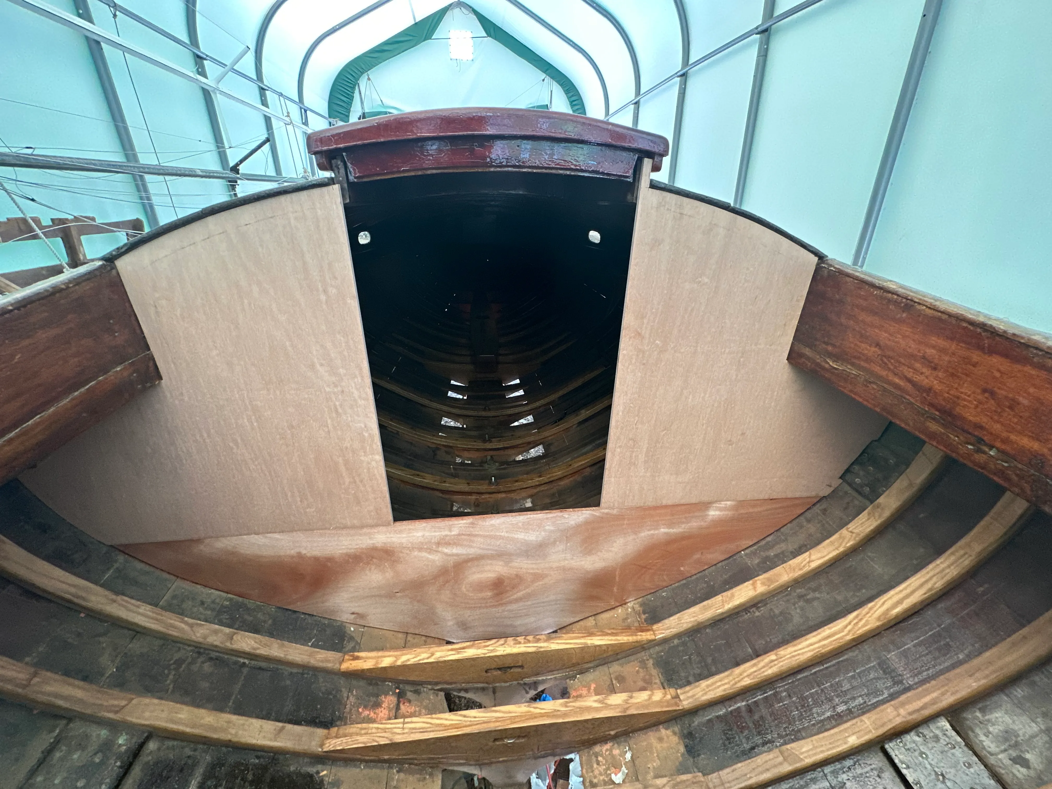 Plywood bulkhead installed, epoxied to frame and screwed in place