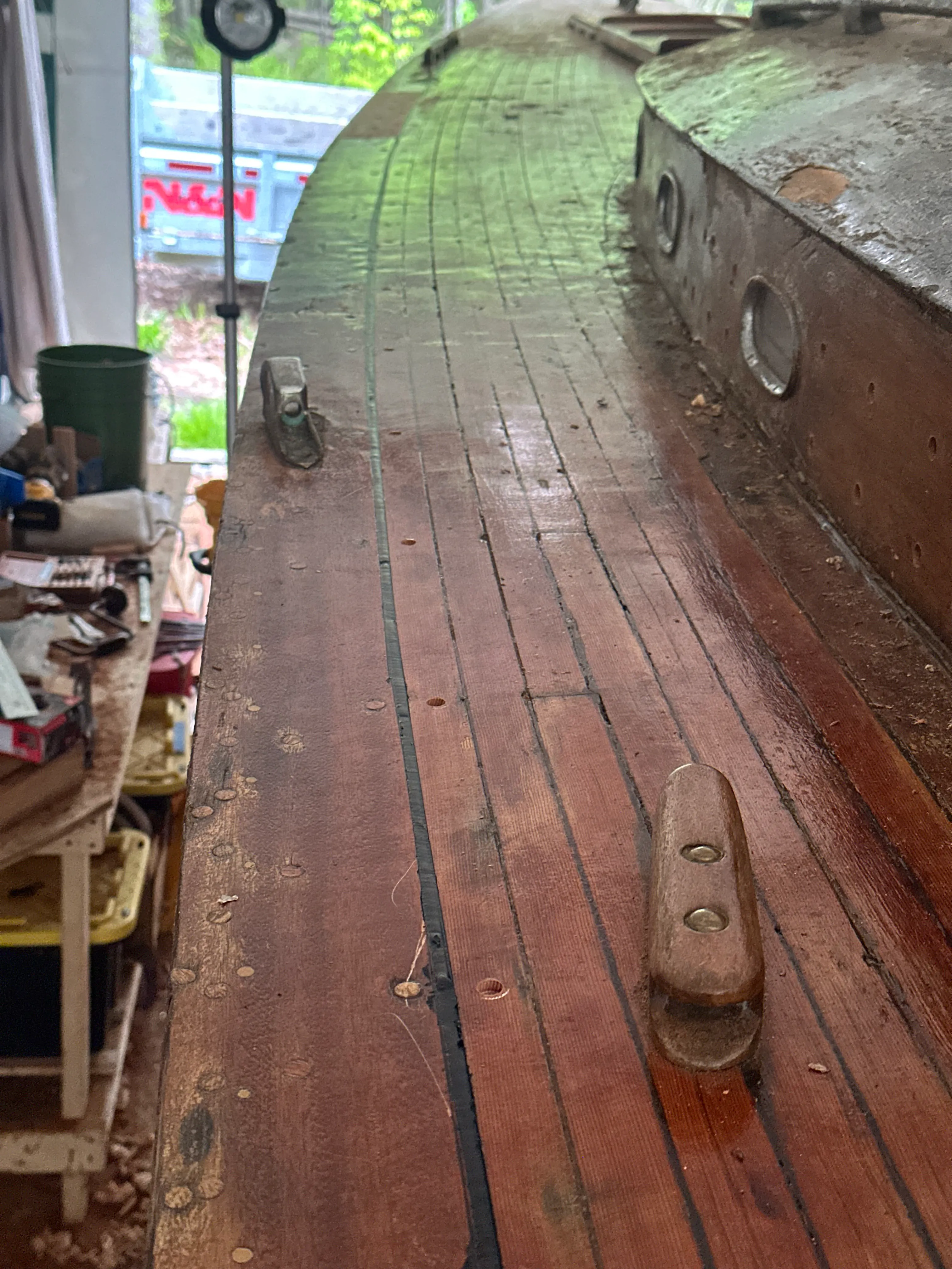 Hull from below showing planking seams and chainplate fittings