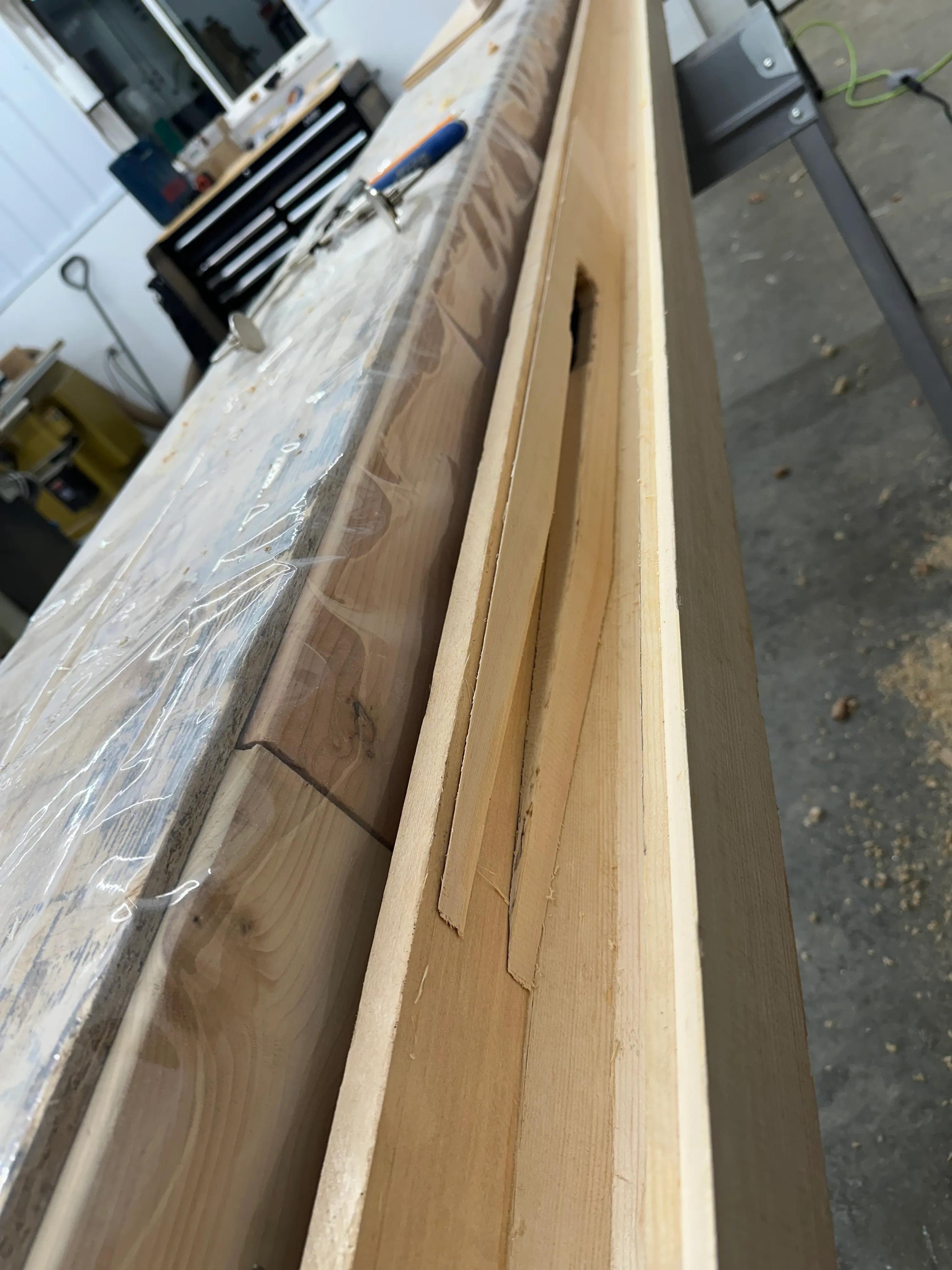 Mock-up of blocking around the jib halyard exit