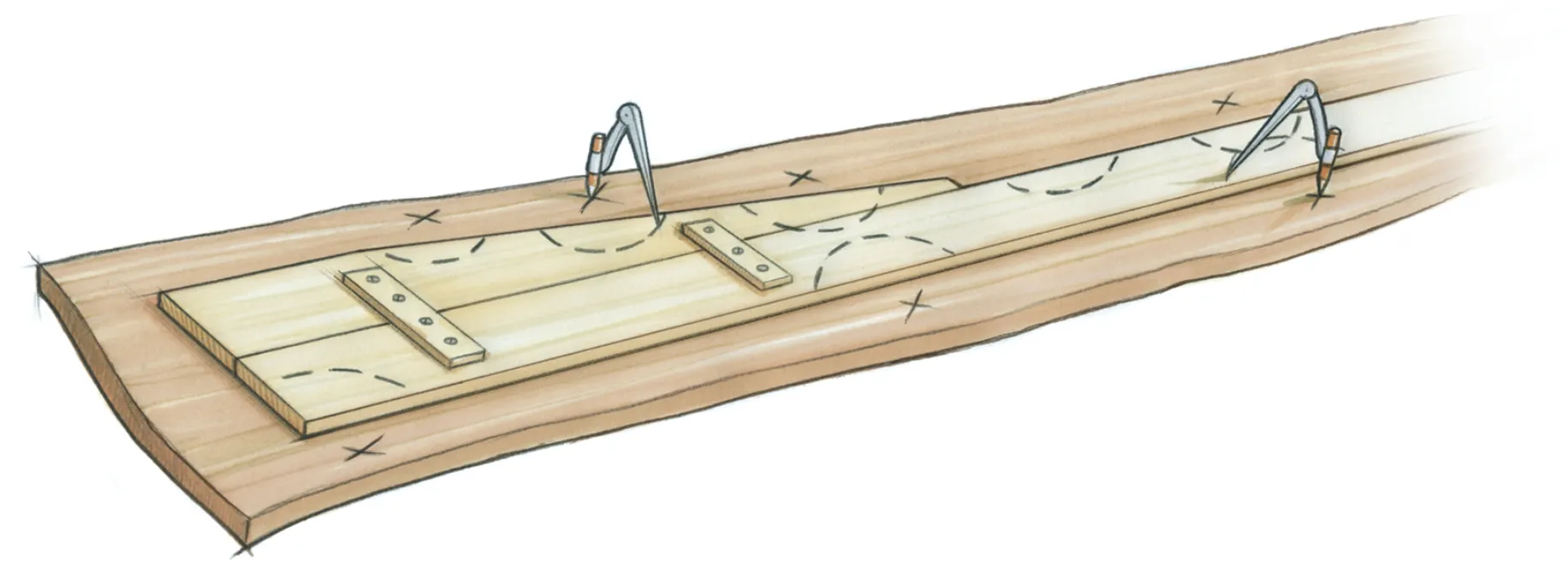Illustration of spiling process showing batten on plank stock with dividers
